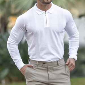 Classic White And Gold Zip Knit Long Sleeve Polo Shirt