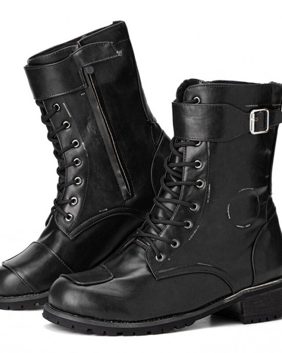 Men PU Non Slip Side Zipper Lace Up Retro Casual Boots