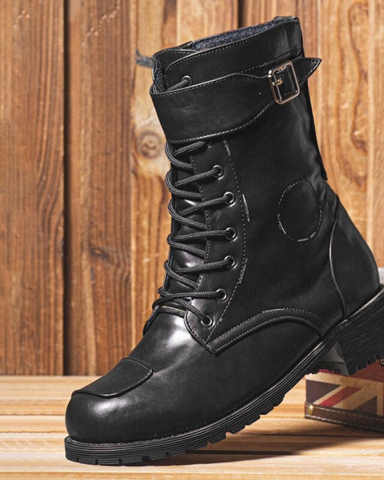 Men PU Non Slip Side Zipper Lace Up Retro Casual Boots