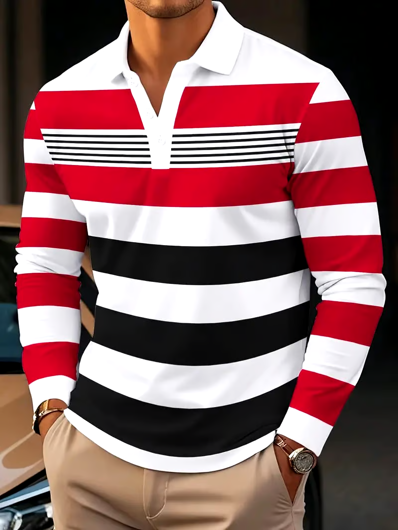Men's Business Casual Striped Long-Sleeved Polo Shirt