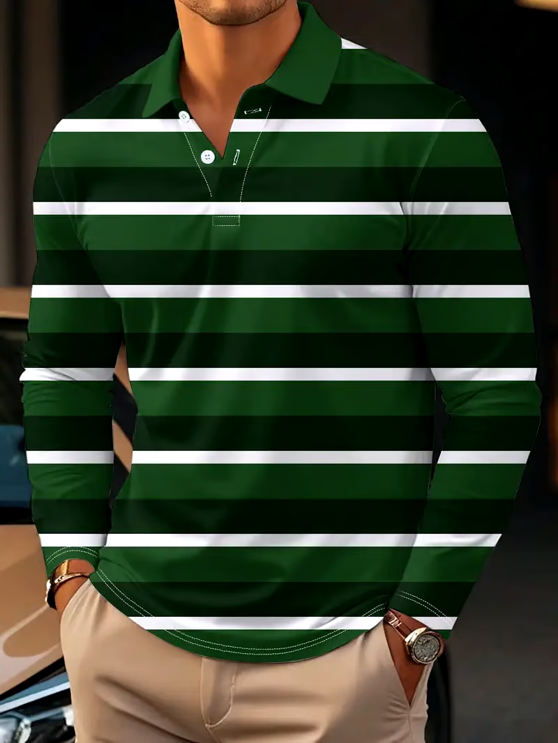 Men's Retro Business Stripe Print Long Sleeve POLO Shirt