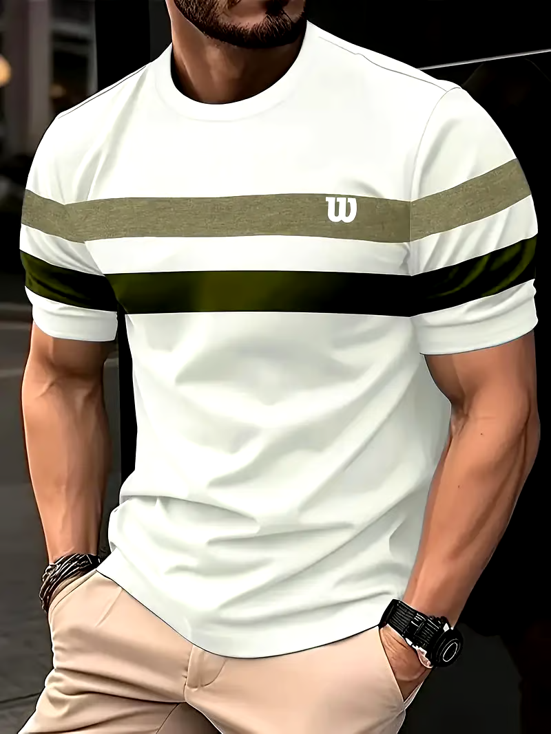 Men's Business Stripe Logo Print Short Sleeve T-Shirt