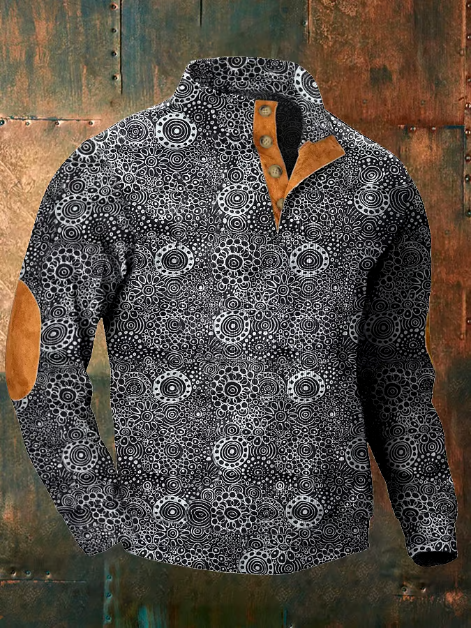 Men's Vintage Print Button-Up Sweatshirt