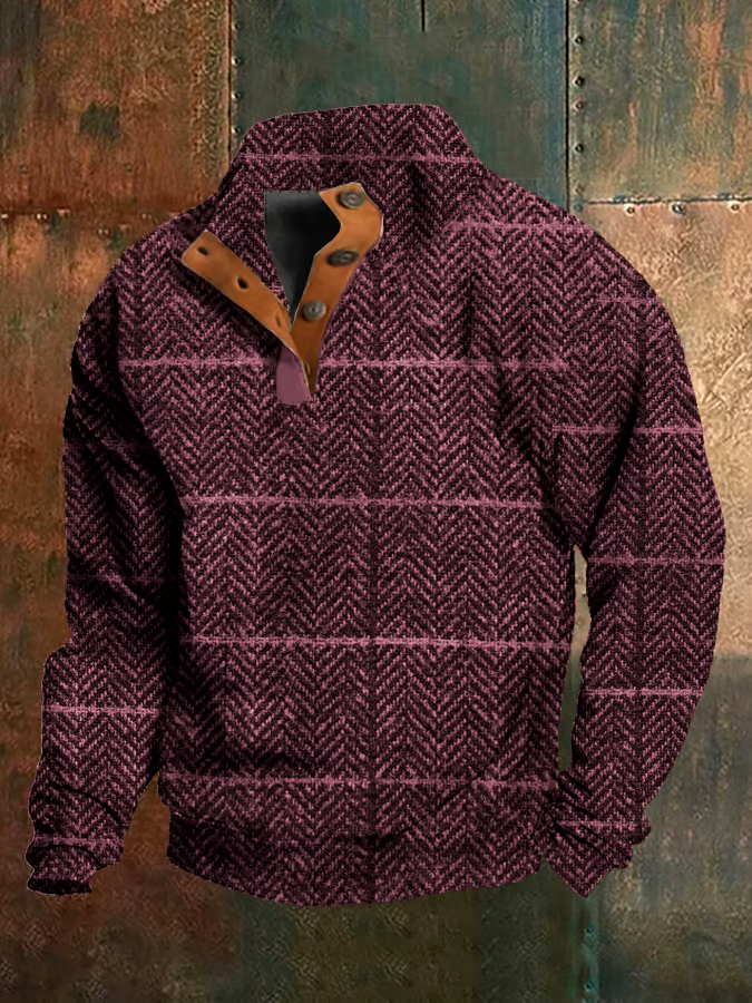 Men's Western Vintage Plaid Print Stand Collar Button-Down Sweatshirt