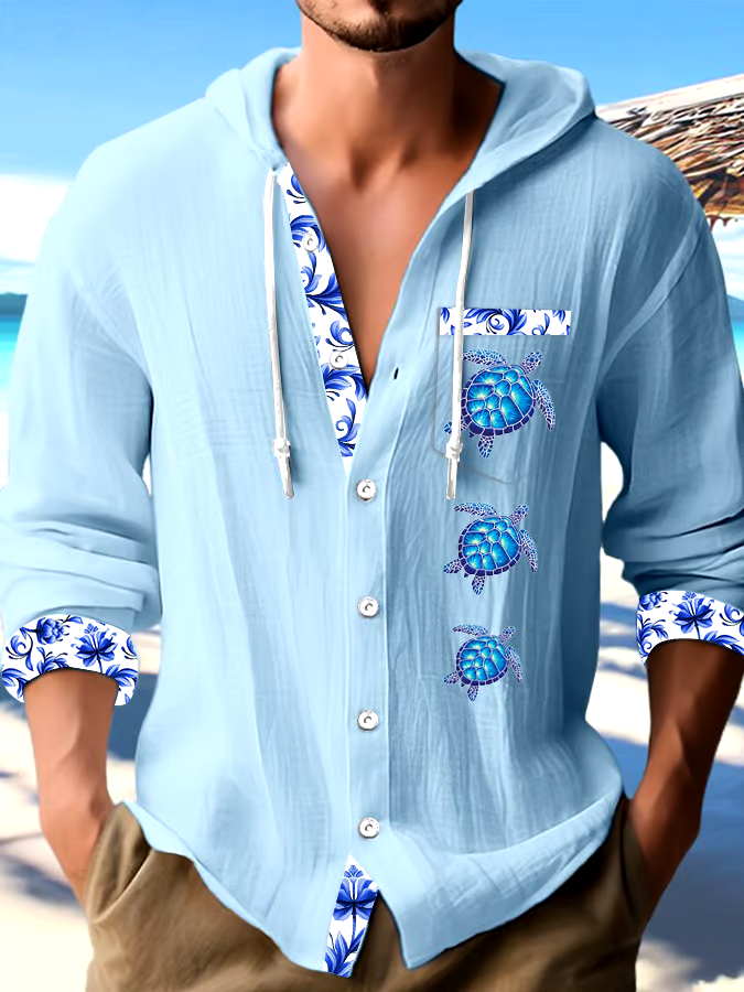 Men's Beach Vacation Turtle Print Long Sleeve Hooded Shirt (With Pockets)