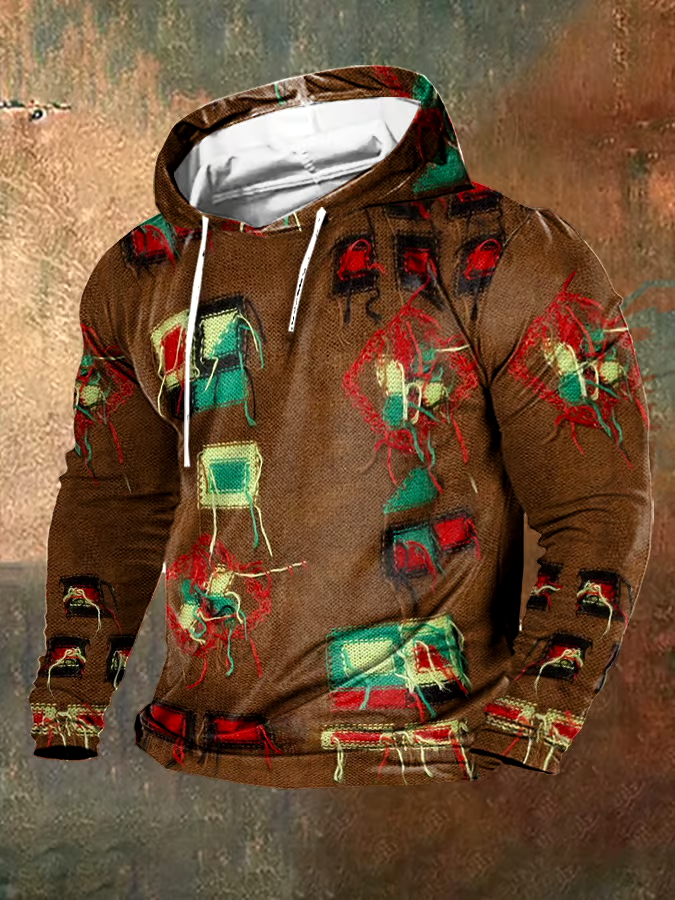 Men's Vintage Wool Contrast Print Hooded Sweatshirt