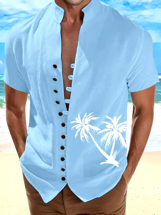 Men's Coconut Tree Print Button-Down Short Sleeve Shirt