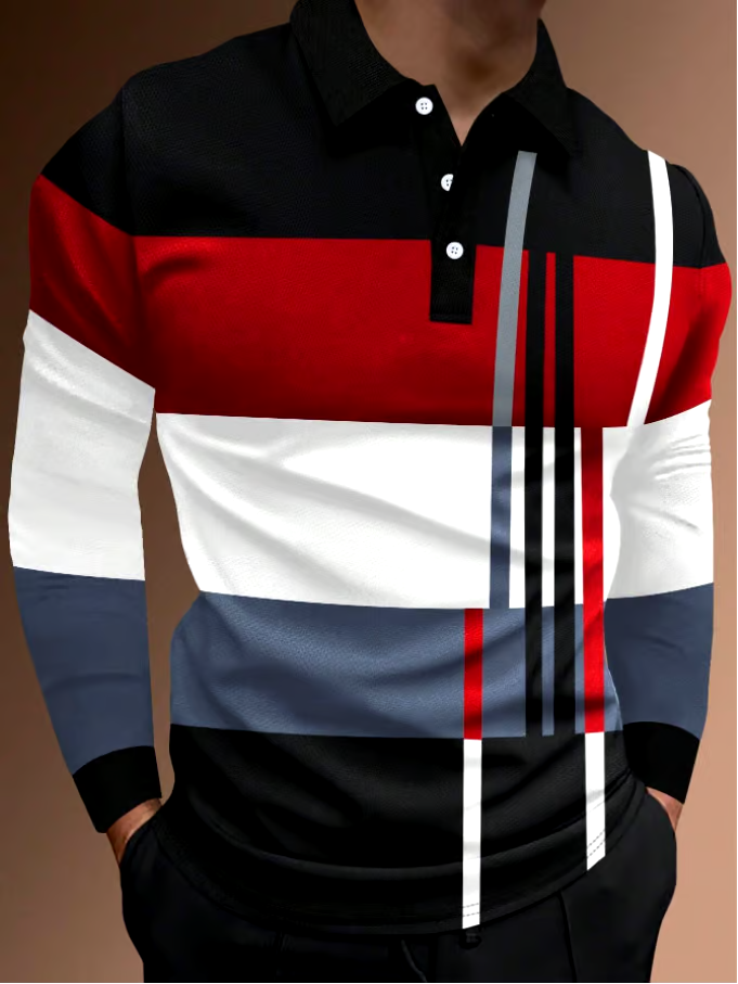 Men's Business Casual Striped Long-Sleeved Polo Shirt