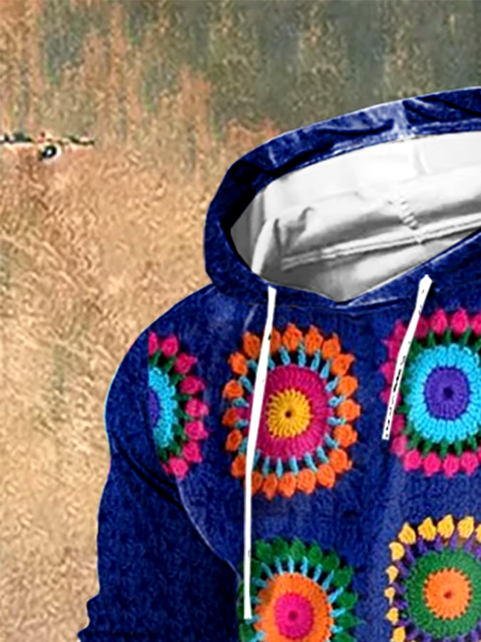 Men's Vintage Wool Contrast Print Hooded Sweatshirt