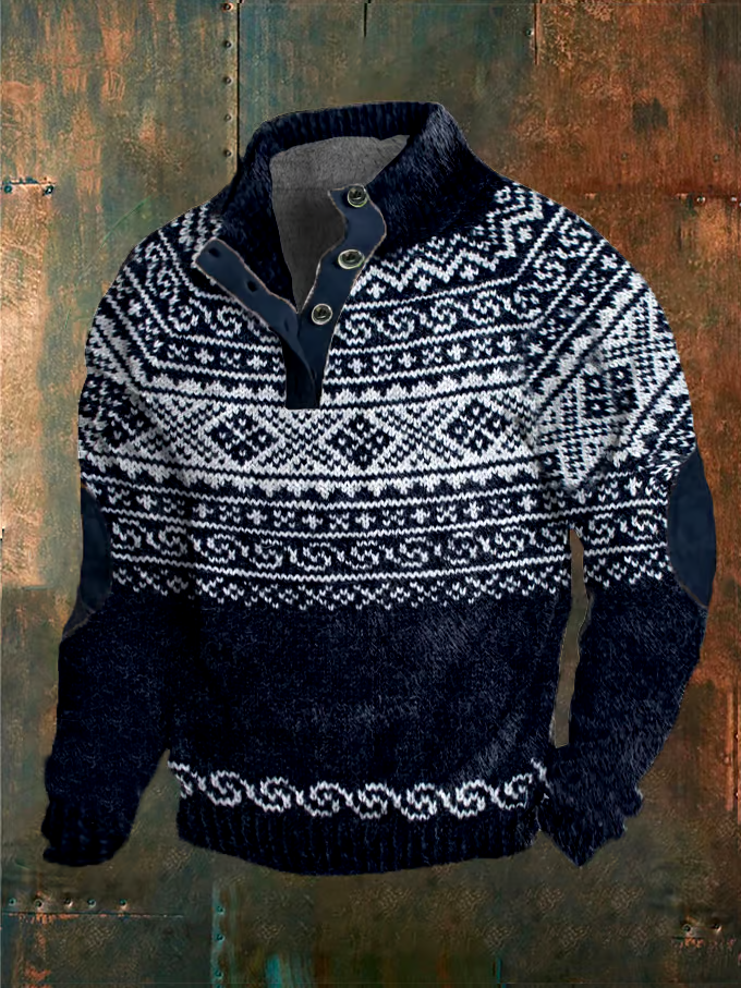 Men's Retro Ethnic Style Print Button Stand Collar Sweatshirt