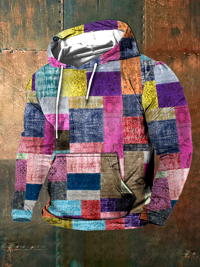 Men's Retro Western Textured Print Hoodie (With Pockets)