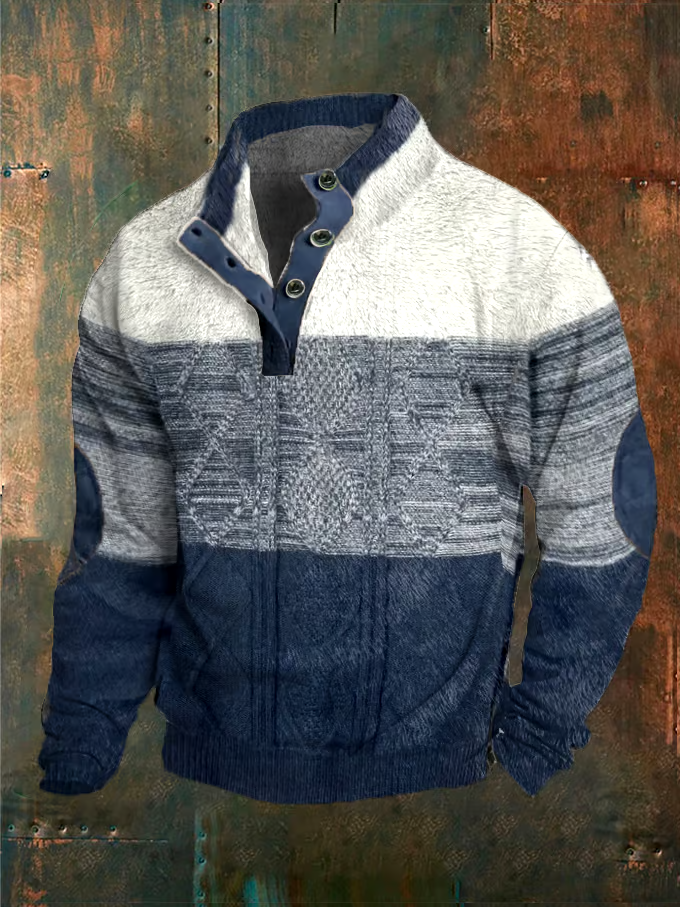 Men's Color Matching Print Button Stand Collar Sweatshirt