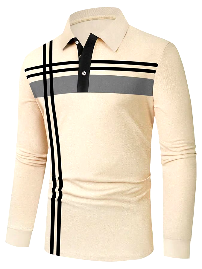 Men's Striped Business Casual Long Sleeve Polo Shirt
