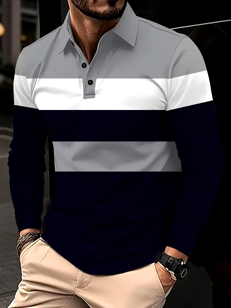 Men's Business Casual Striped Long-Sleeved Polo Shirt