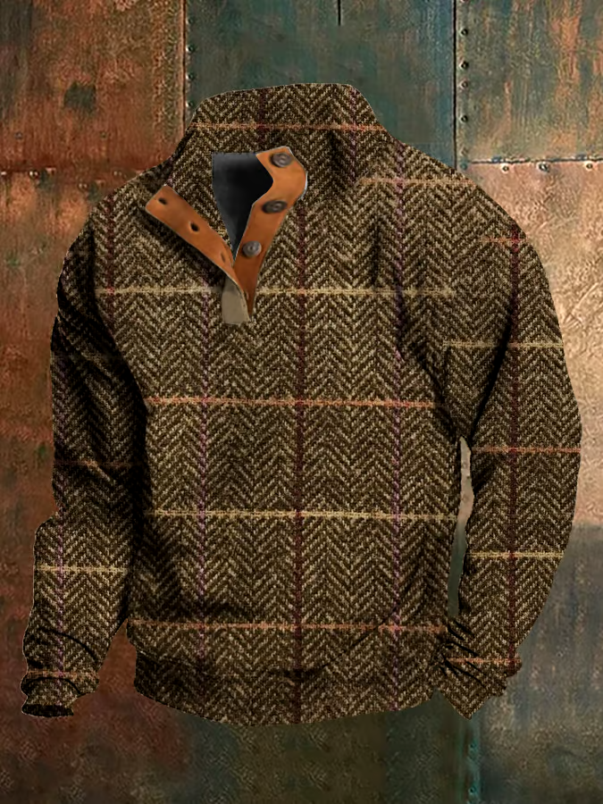 Men's Western Vintage Plaid Print Stand Collar Button-Down Sweatshirt