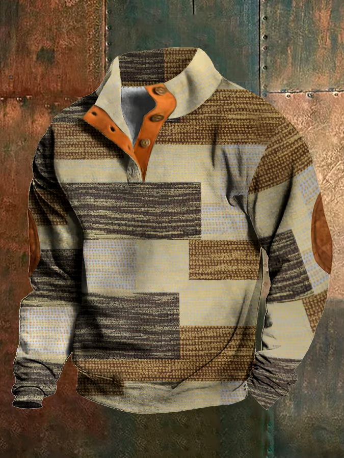 Men's Fleece Fabric Color Block Printed Stand Collar Button Sweatshirt