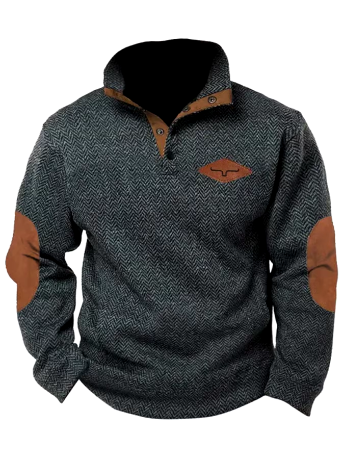 Men's Vintage Herringbone Henley Elbow Patch Color Block Western Sweatshirt