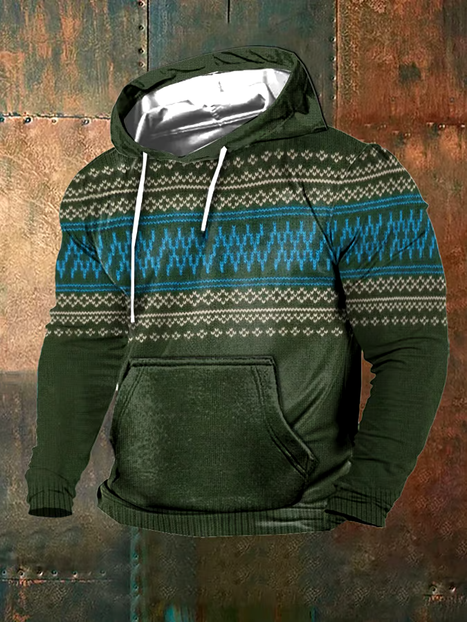 Men's Retro Western Textured Print Hoodie (With Pockets)