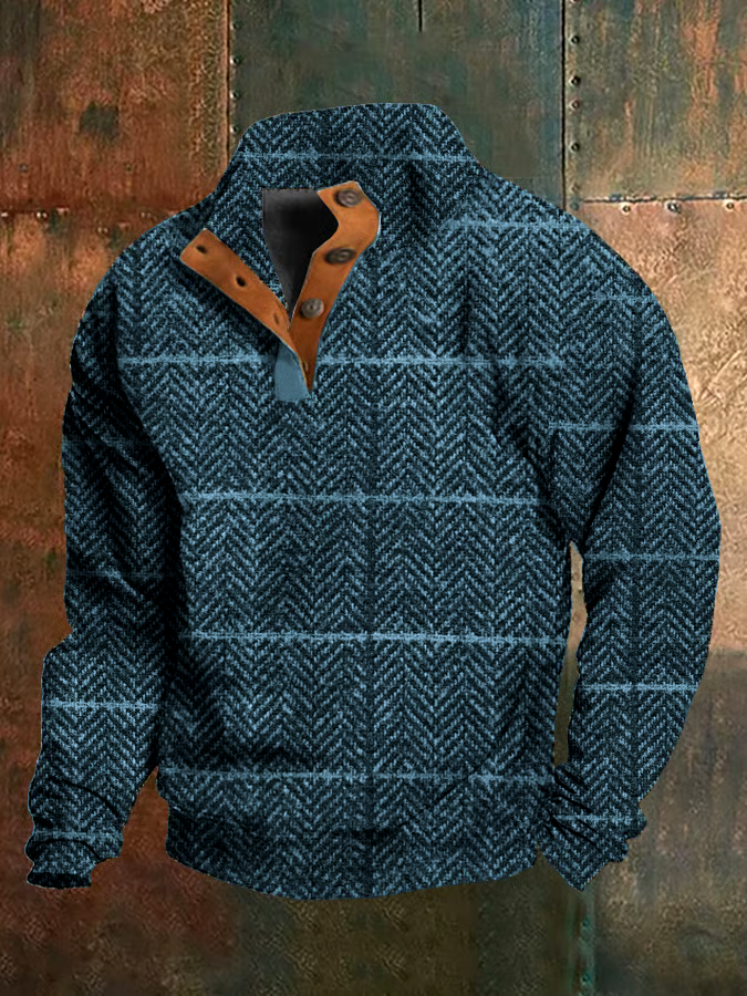 Men's Western Vintage Plaid Print Stand Collar Button-Down Sweatshirt