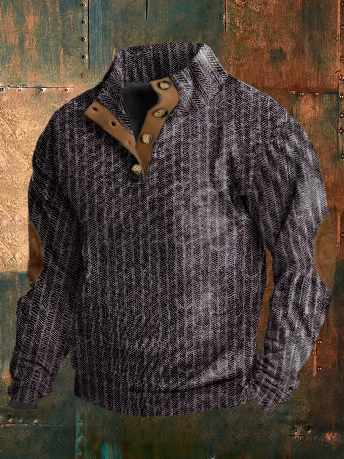 Men's Vintage Print Button-Up Sweatshirt