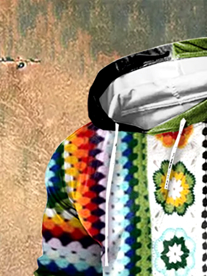 Men's Vintage Wool Contrast Print Hooded Sweatshirt