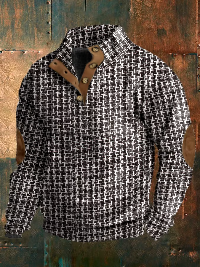 Men's Vintage Print Button-Up Sweatshirt
