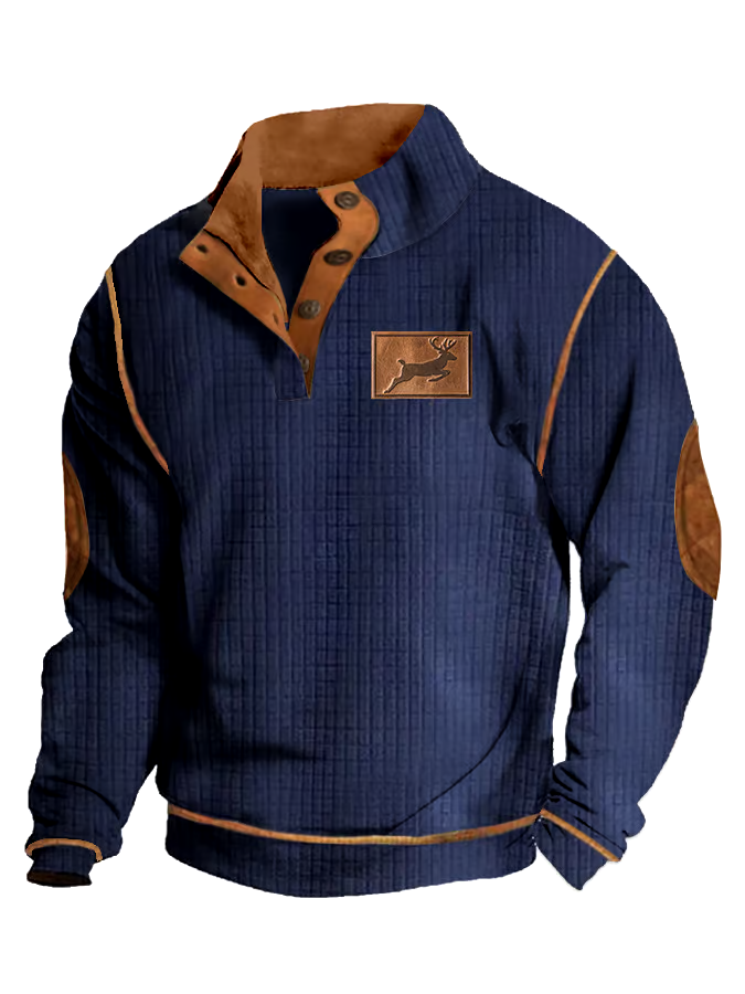 Men's Western Elk Print Jacquard Plaid Patchwork Stand Collar Buttoned Sweatshirt