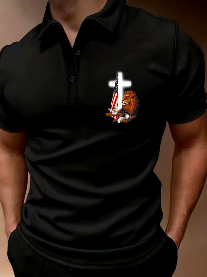 Men's Flag Cross Print Polo Shirt