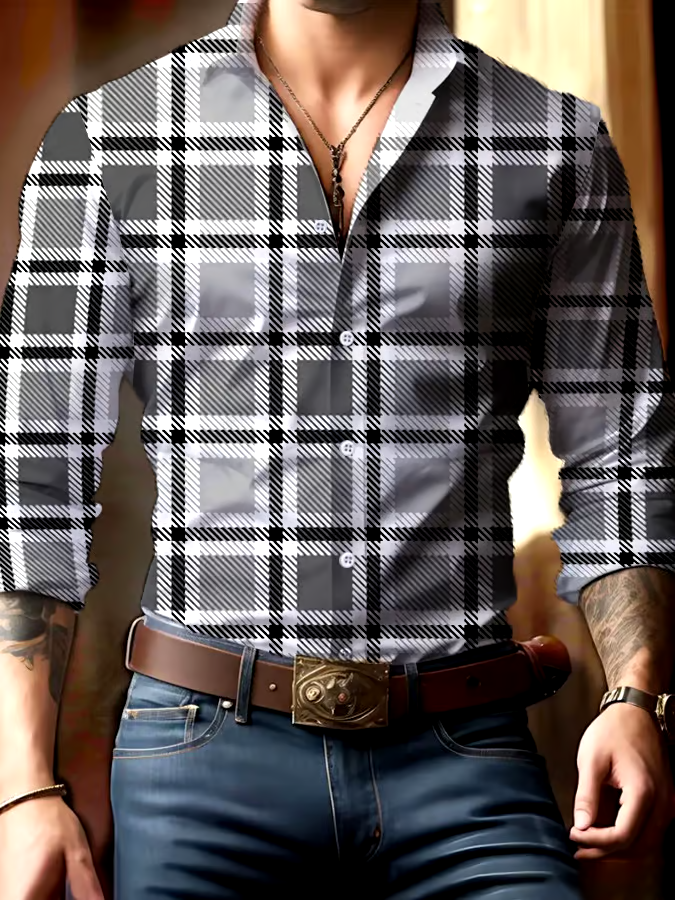 Men's Casual Business Checkered Print Shirt