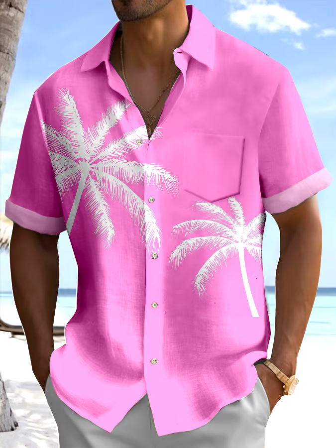 Men's Palm Tree Printed Casual Vacation Shirt (With Pockets)