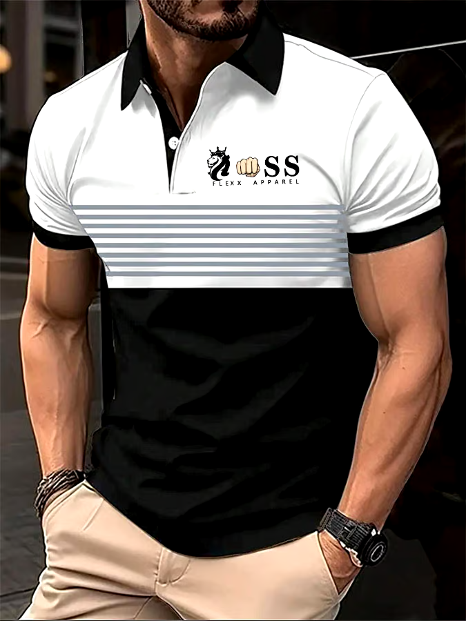 Men's Striped Lettering Casual Polo Shirt
