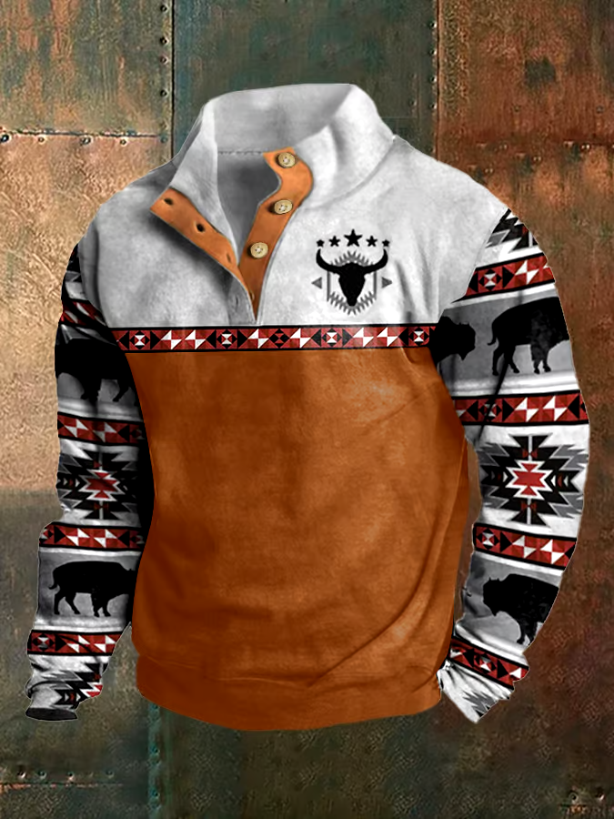 Men's Western Style Printed Stand Collar Button Sweatshirt