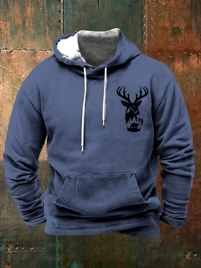Men's Western Style Elk Print Hooded Sweatshirt