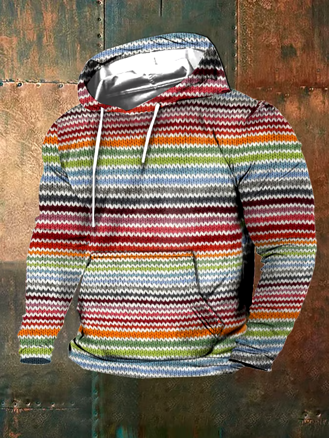 Men's Retro Western Textured Print Hoodie (With Pockets)