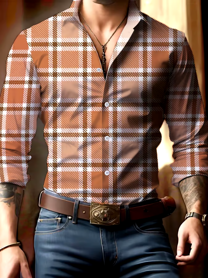 Men's Casual Business Checkered Print Shirt