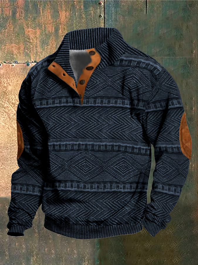 Men's Casual Retro Print Stand Collar Button Sweatshirt