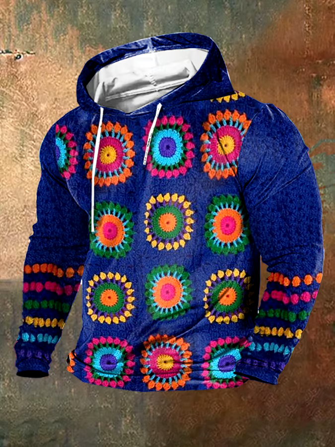 Men's Vintage Wool Contrast Print Hooded Sweatshirt