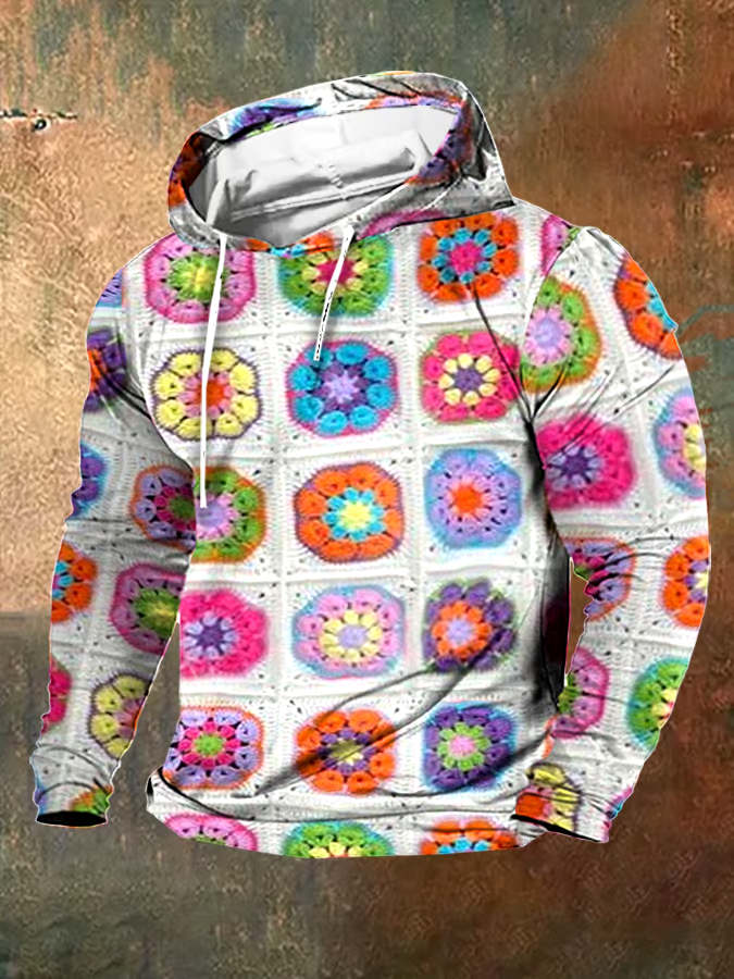 Men's Vintage Wool Contrast Print Hooded Sweatshirt