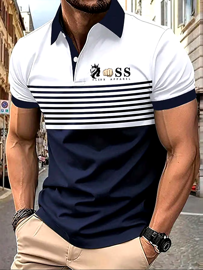 Men's Striped Lettering Casual Polo Shirt