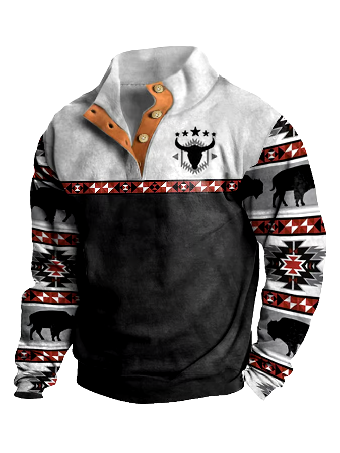 Men's Western Style Printed Stand Collar Button Sweatshirt