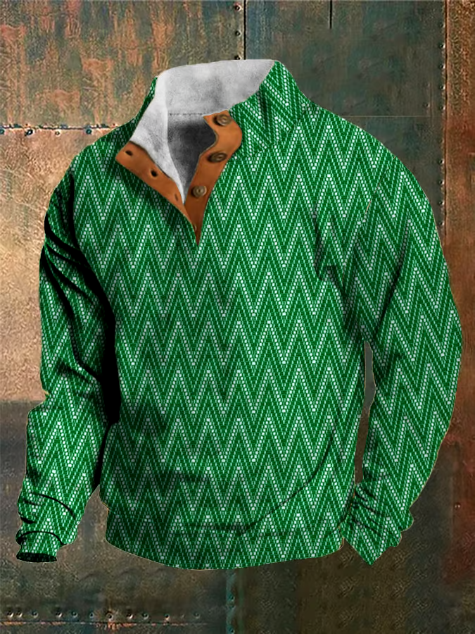 Men's Western Vintage Herringbone Print Design Stand Collar Button-Down Sweatshirt