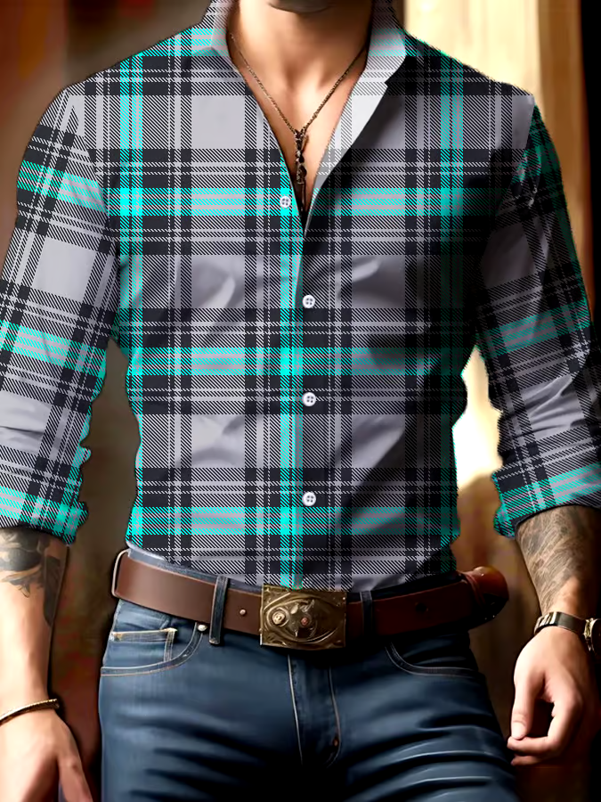 Men's Casual Business Checkered Print Shirt