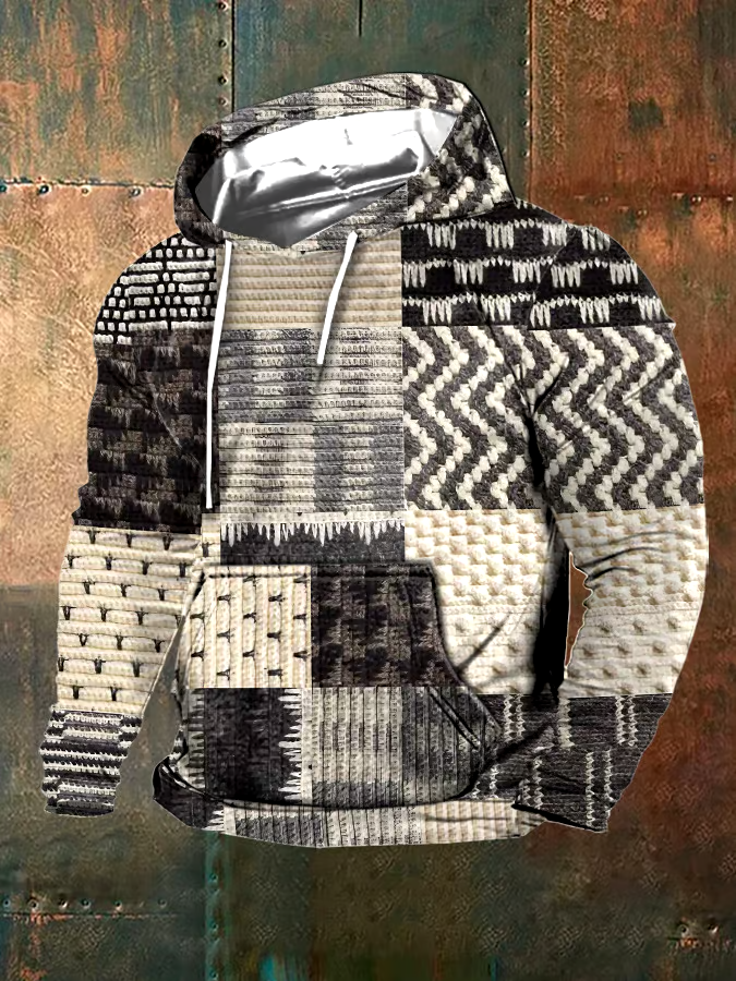 Men's Retro Western Textured Print Hoodie (With Pockets)