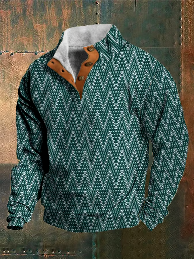 Men's Western Vintage Herringbone Print Design Stand Collar Button-Down Sweatshirt