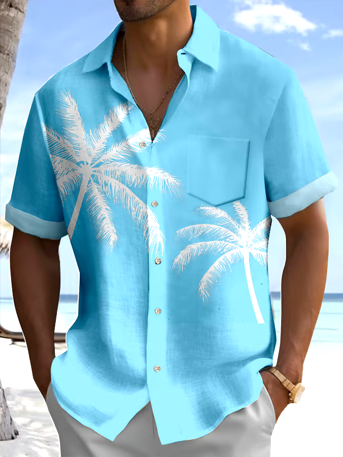 Men's Palm Tree Printed Casual Vacation Shirt (With Pockets)