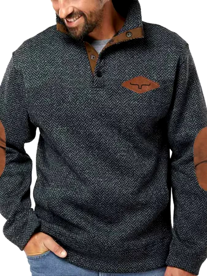 Men's Vintage Herringbone Henley Elbow Patch Color Block Western Sweatshirt