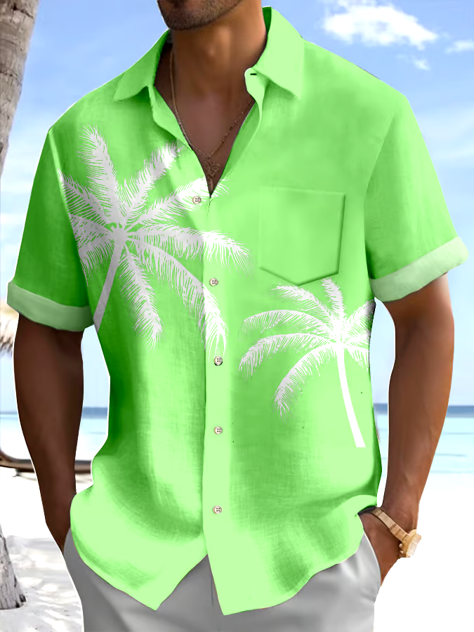 Men's Palm Tree Printed Casual Vacation Shirt (With Pockets)