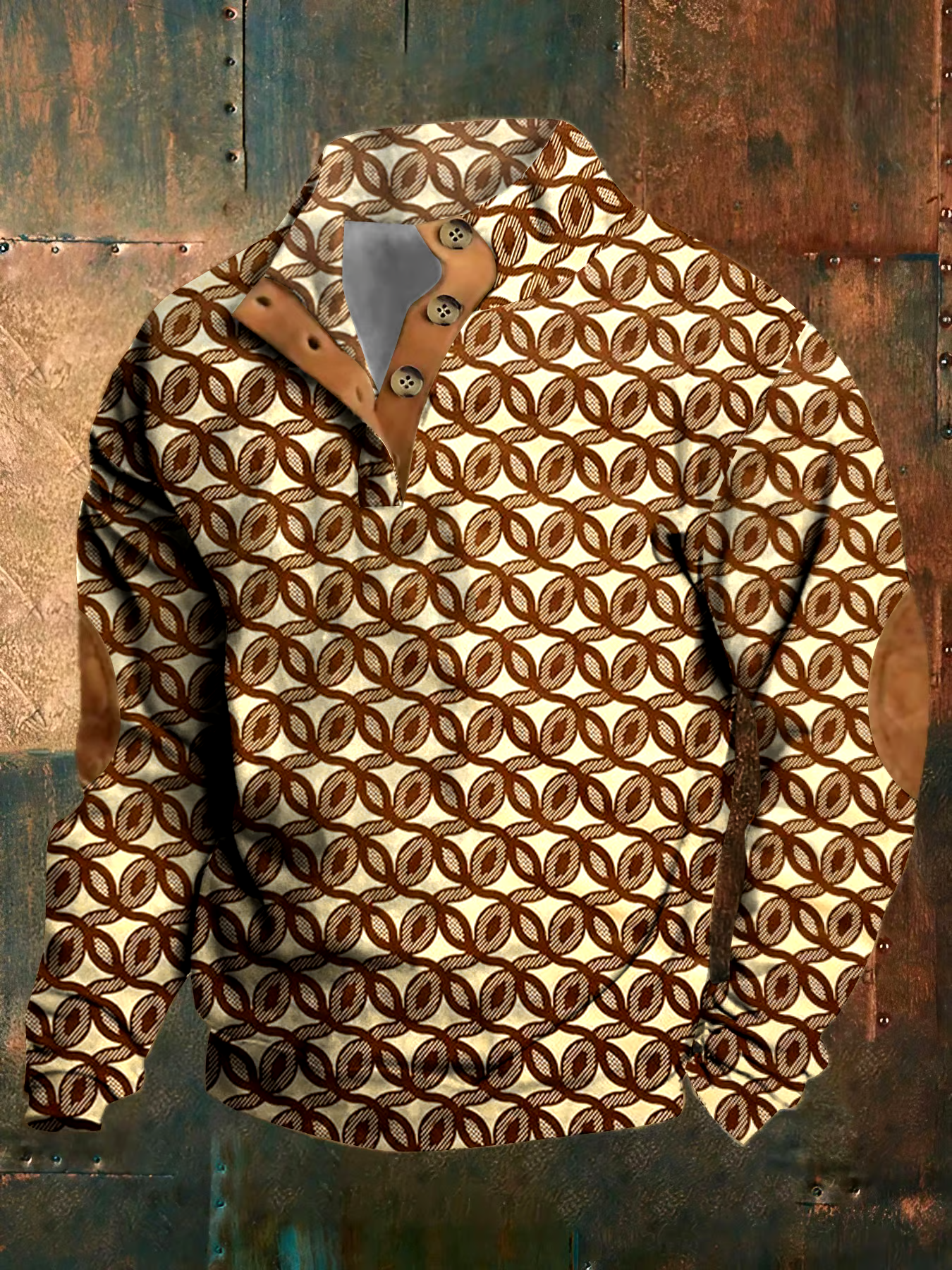Men's Vintage Print Button Casual Long Sleeve Sweatshirt