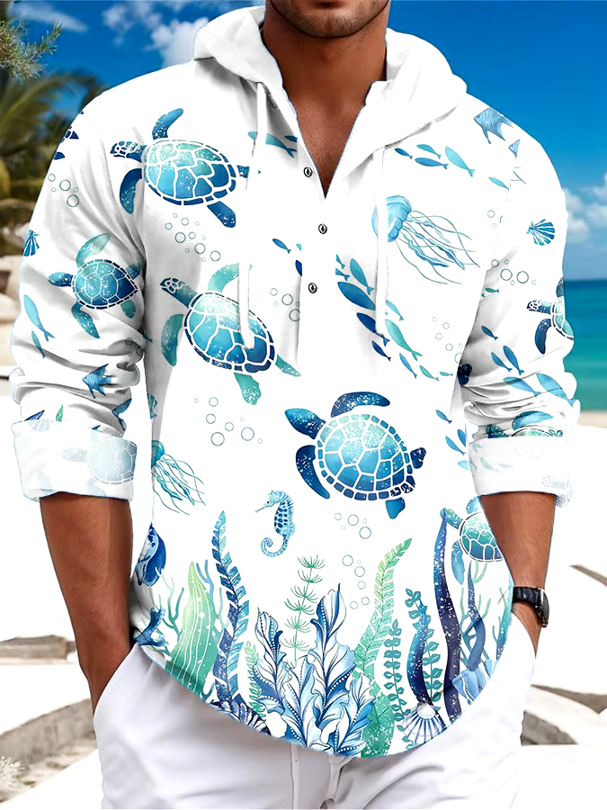 Men's Beach Vacation Turtle Print Long Sleeve Hooded Pullover Shirt